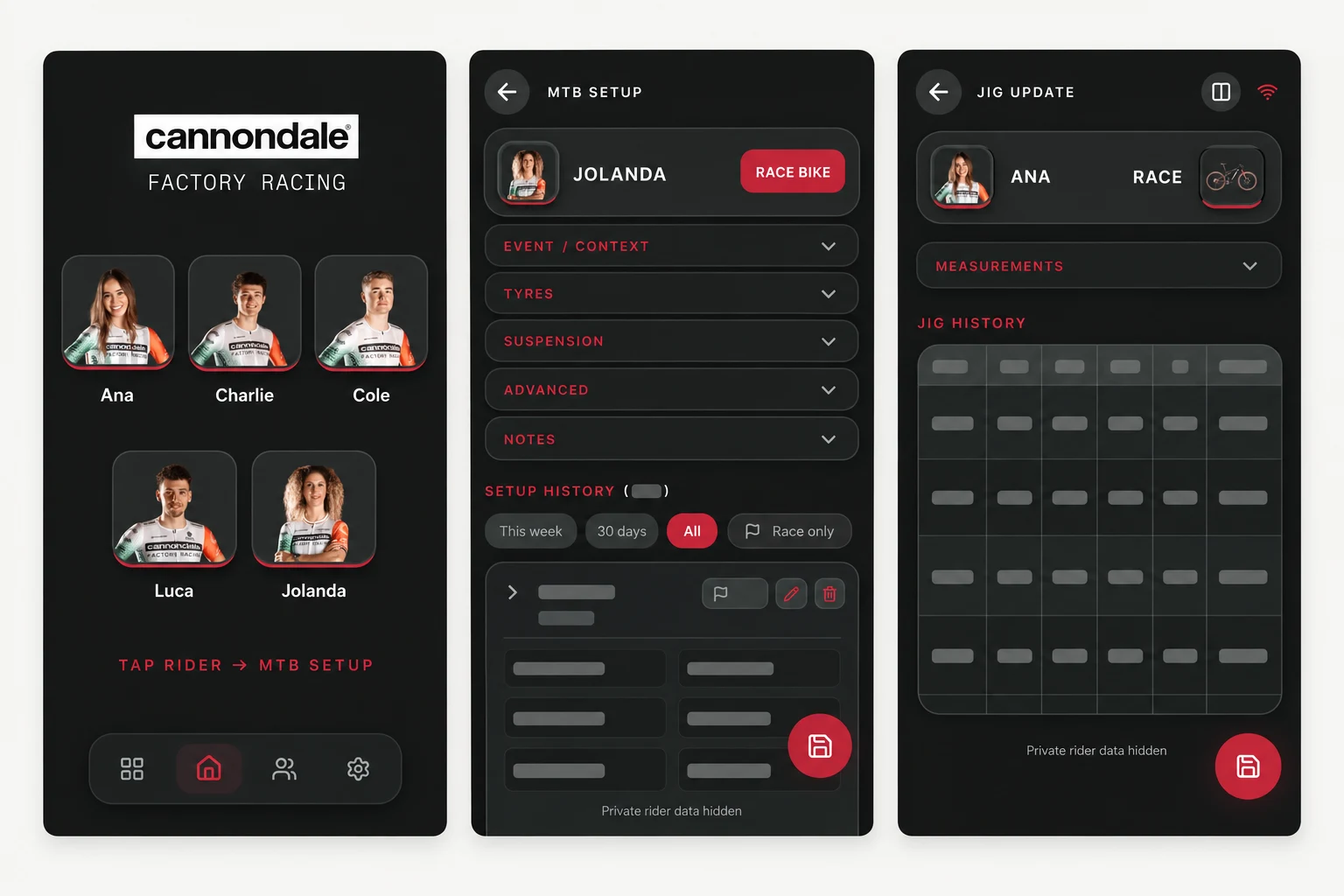 CFR Race App presentation showing rider selection, MTB setup and jig history with private records removed