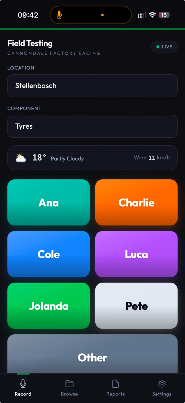 Field Testing app with location and component fields, speaker selection and Record, Browse and Reports navigation