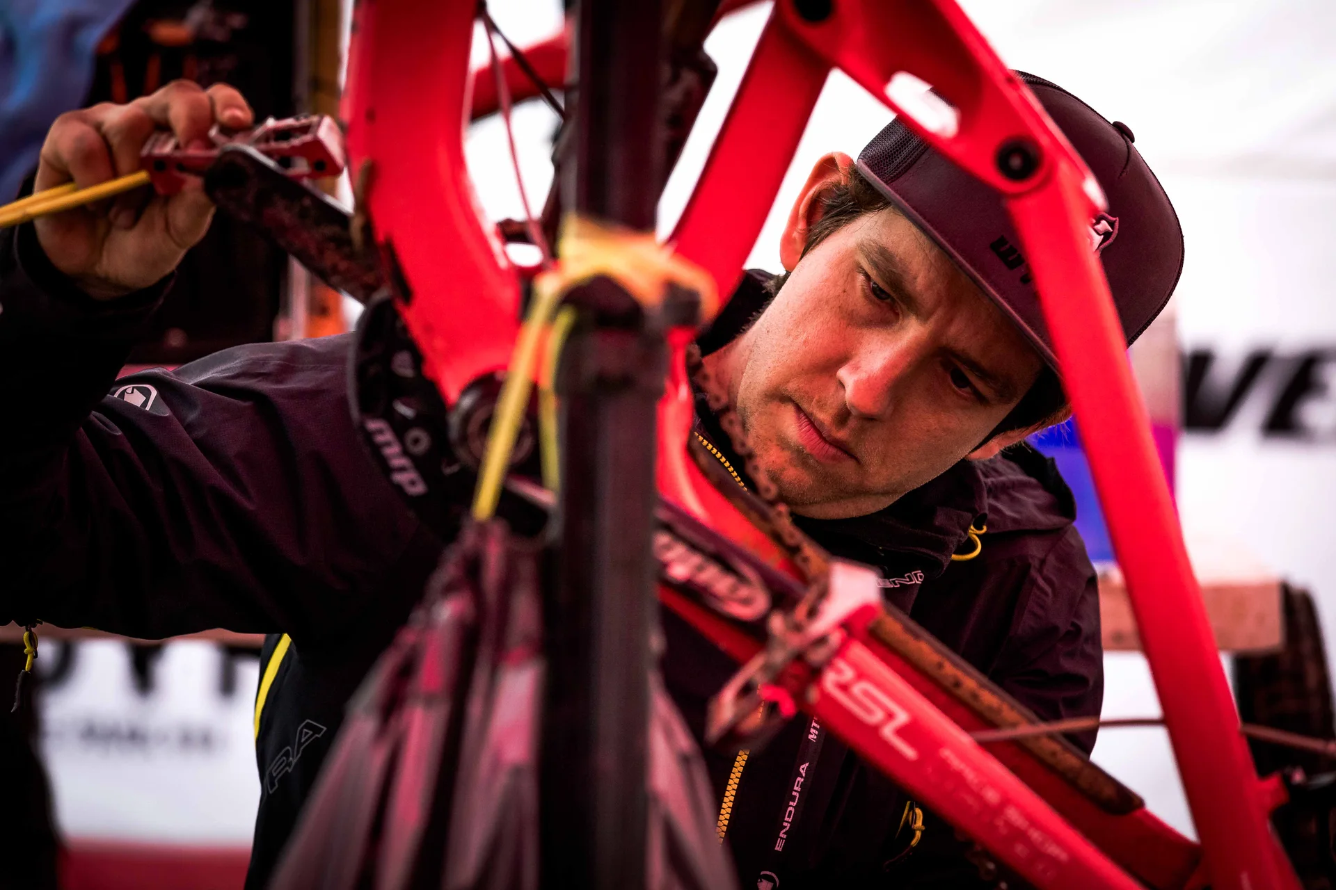 Pete concentrating on a bike, framed by the red tubes of a Trek race frame