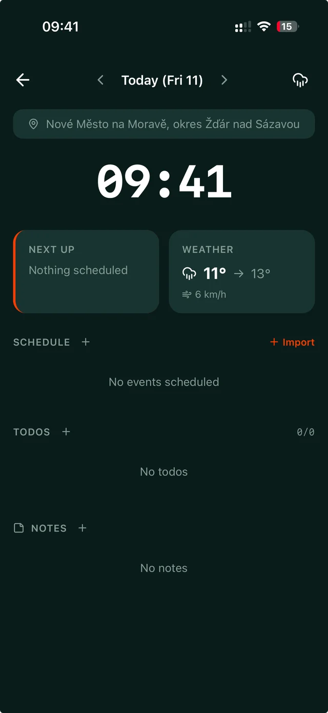Race planner showing its clock, weather, schedule, tasks and notes with no events entered